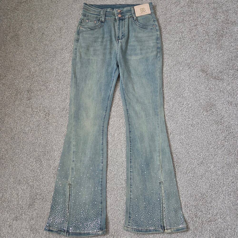 Stunning Y2K Rhinestone Split Hem Flare Jeans